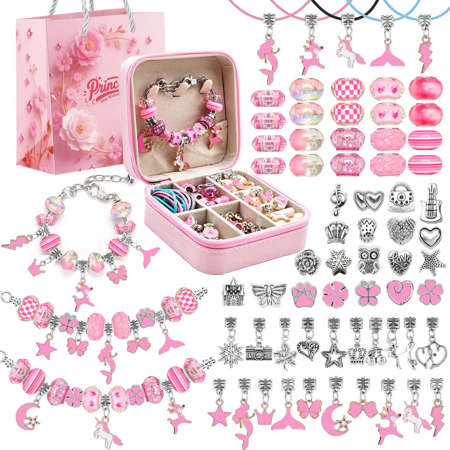 Vintage Fashion Necklace - 68pcs pink beaded jewelry set, charm