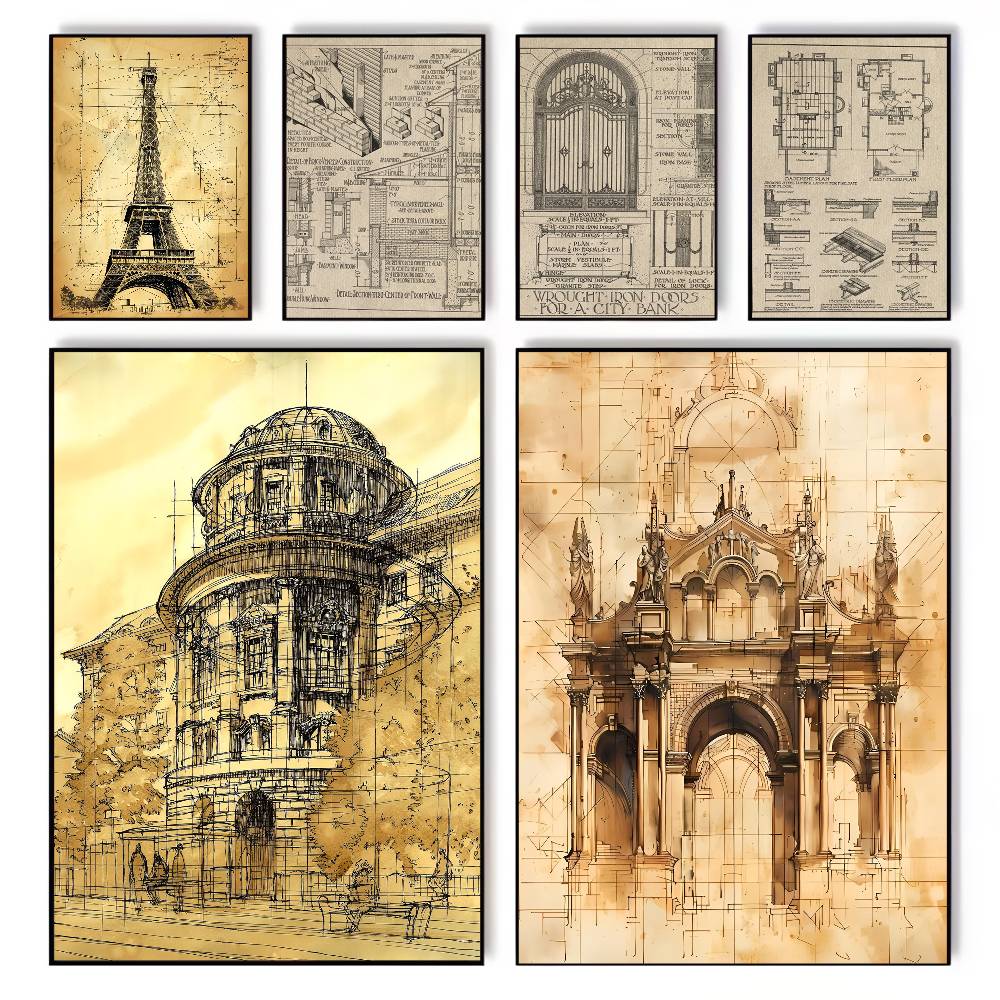Vintage Architecture Drawings  - Vintage Fashion Prints For Wall avis et prix
