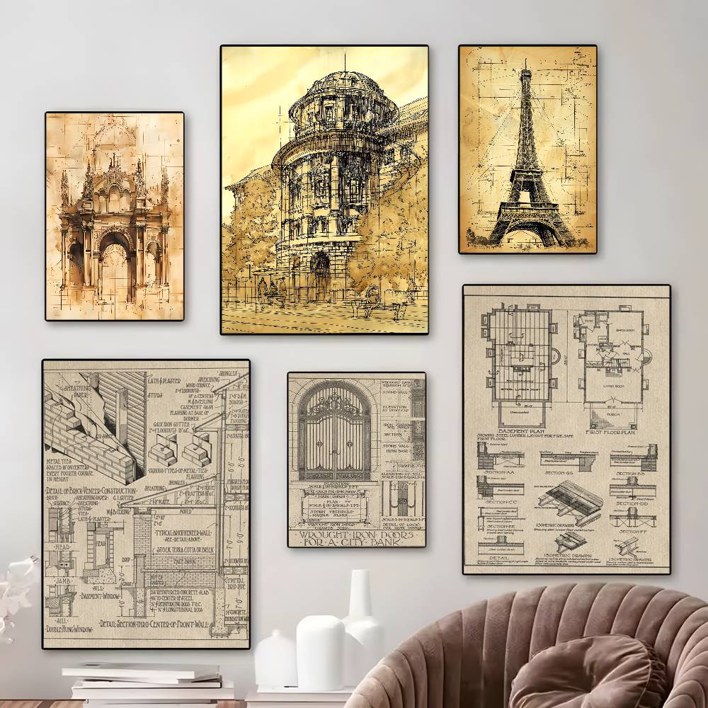 Vintage Architecture Drawings  - Vintage Fashion Prints For Wall avis et prix